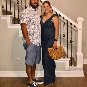 EXPRESS DENIM JUMPSUIT TANK RUFFLE V NECK